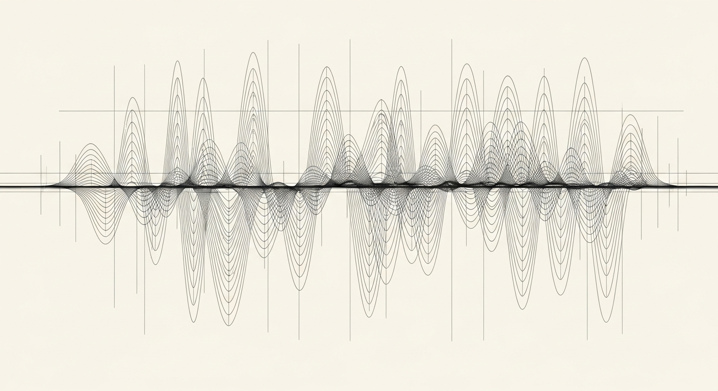 AI_IMAGE: Minimalist abstract data visualization, thin oscilloscope wave lines, technical grid patterns, monochromatic charcoal on cream background, architectural drawing style, high precision, matte finish | minimalist | landscape
